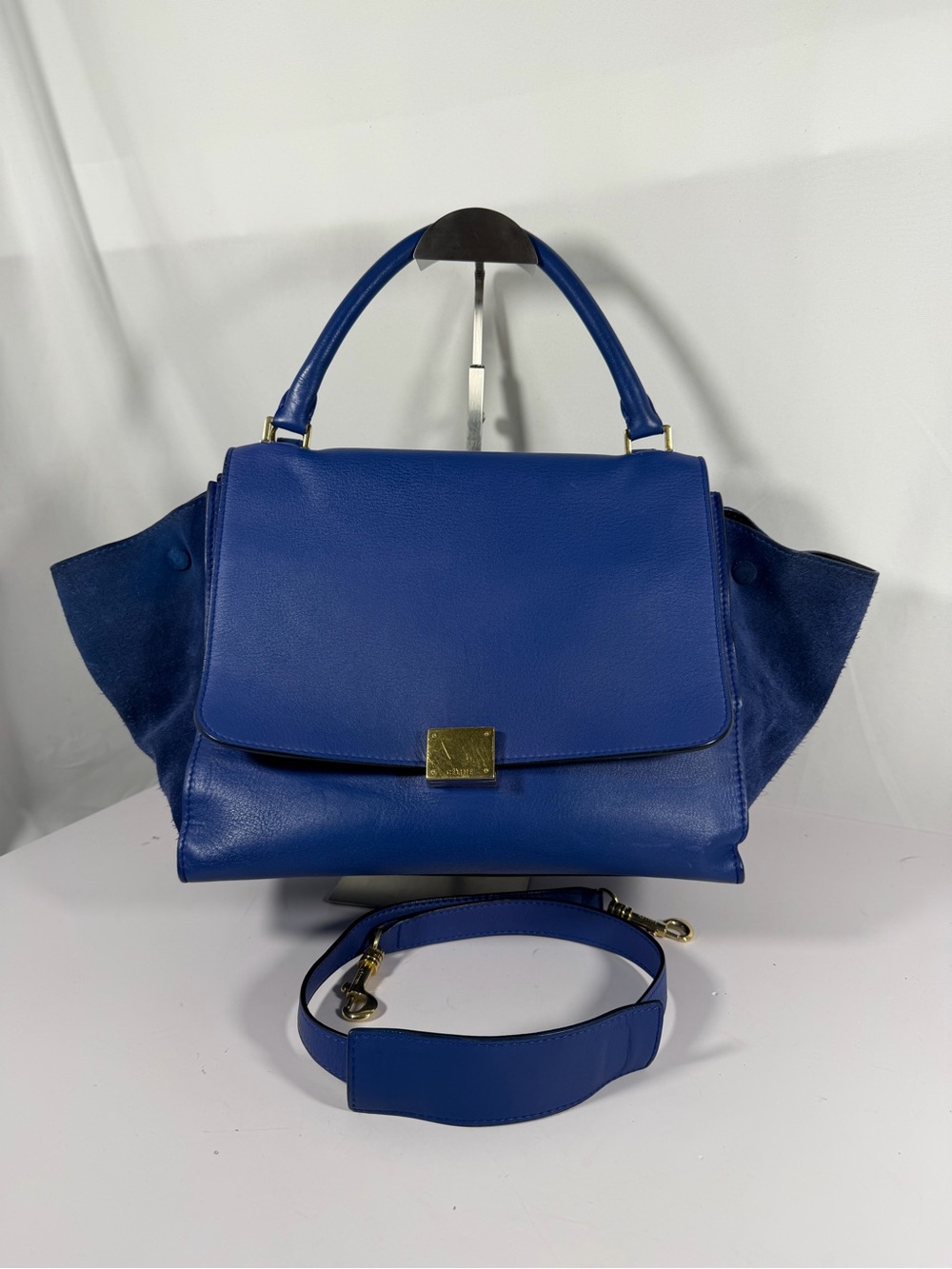 3203: CELINE Trapeze Medium Blue Leather Suede Top Handle Shoulder Bag